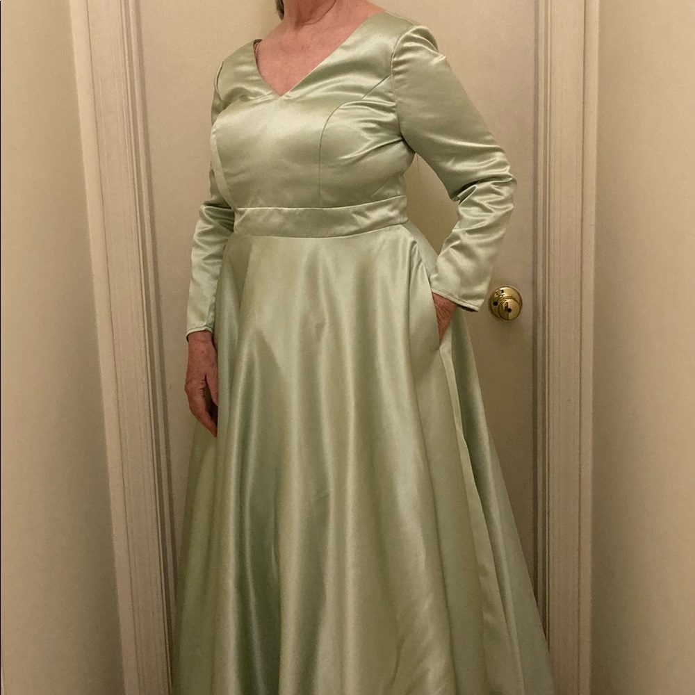 Satin ball gown. JJs House. Celadon green. Size 10. Pockets. New with tags.